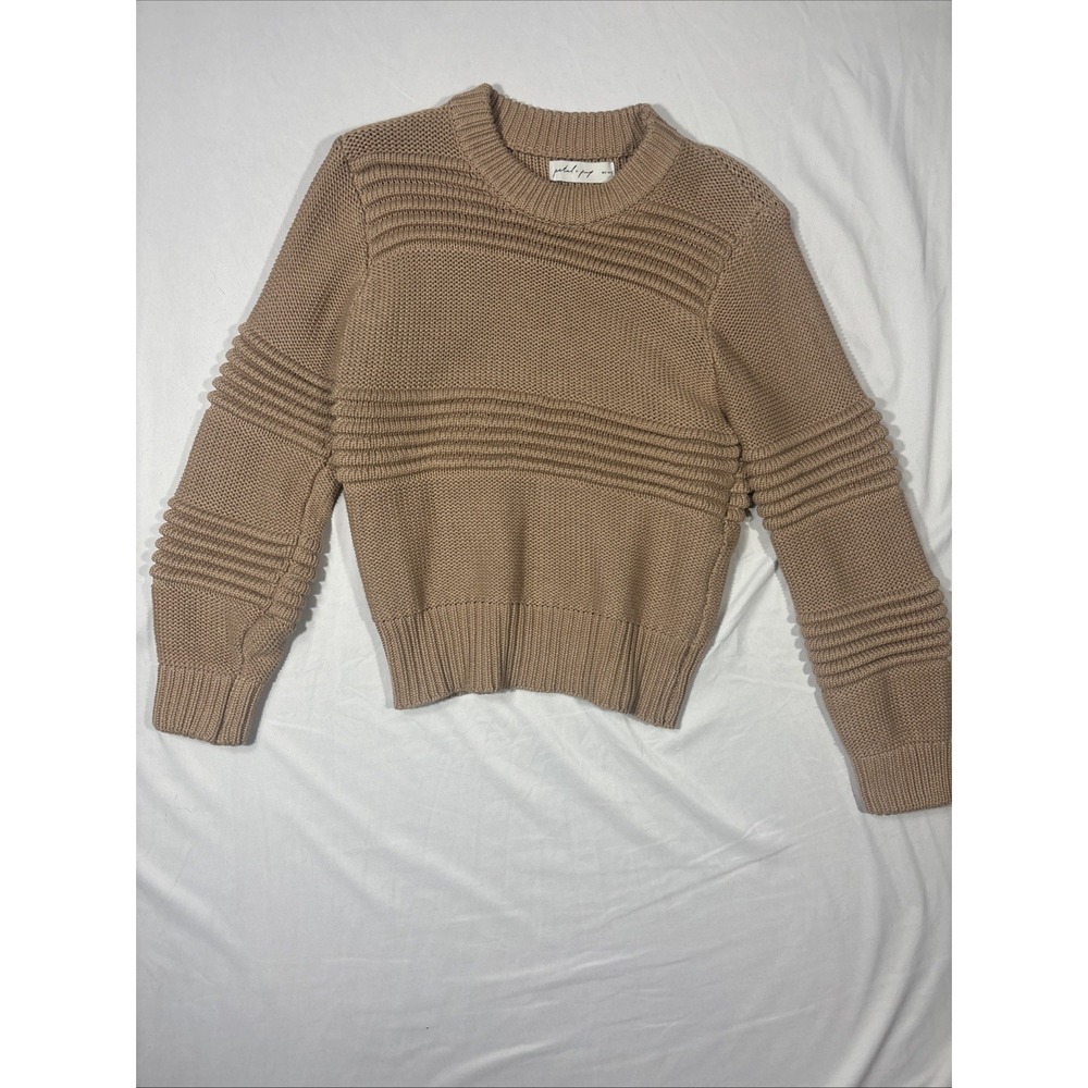 Petal & Pup Beckett Textured Stripe Crewneck Knit Sweater Women's S Beige Tan
